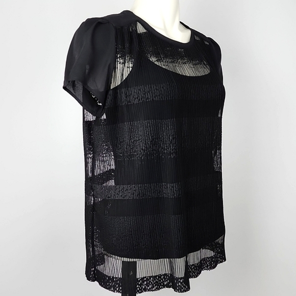 RW&CO Women's Black Sheer Lace Top Subtle Stripes Capped Short Sleeves Sz Small - Picture 2 of 16
